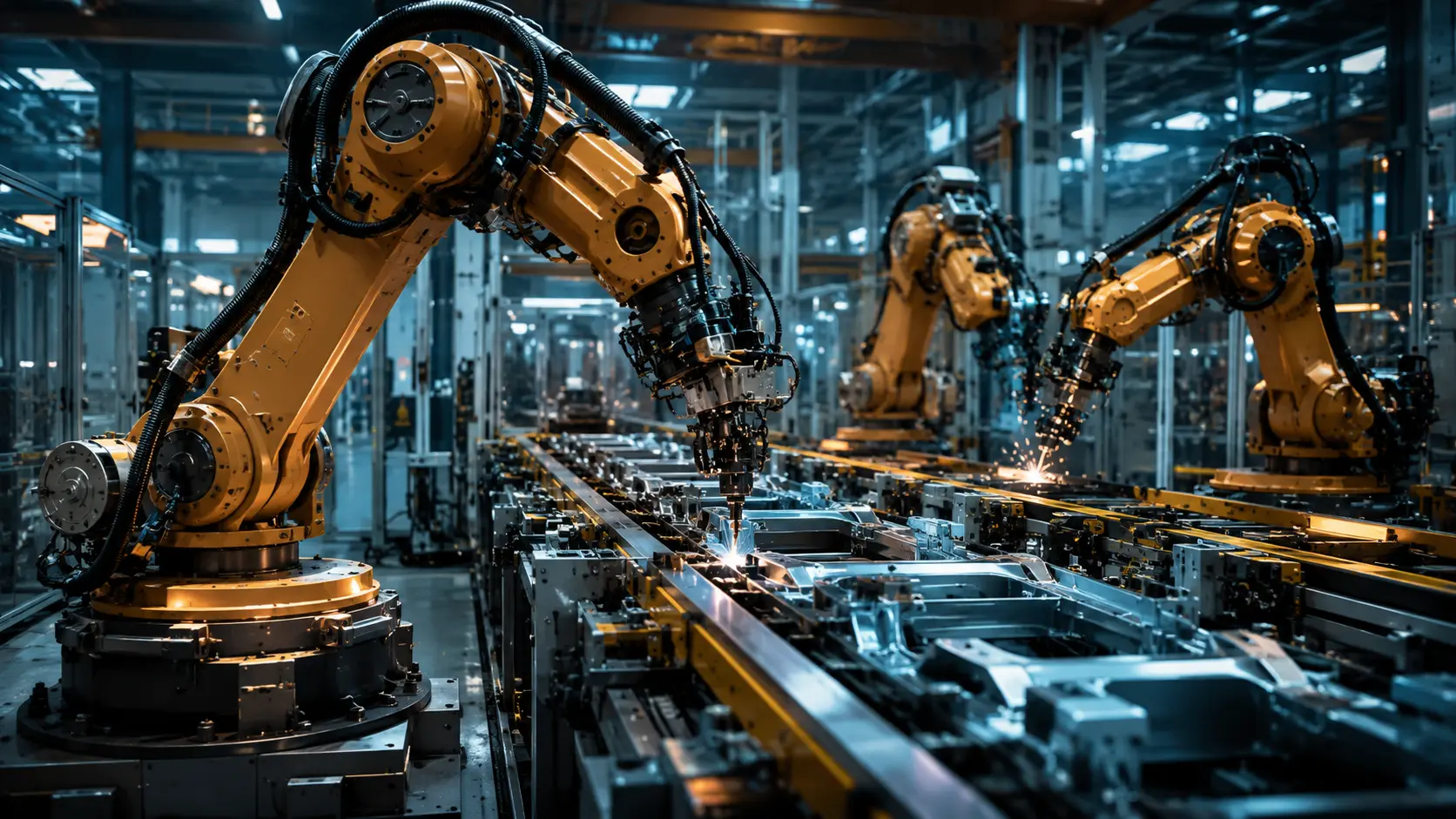 Industrial robotic arms operating on an automated production line